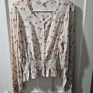 American Eagle Outfitters Cream Blouse with Red Floral Print